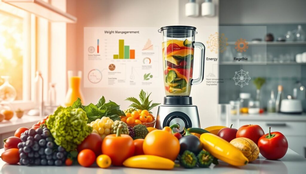 A clean, well-lit laboratory setting with modern scientific equipment and glassware. In the foreground, an array of fresh, vibrant fruits and vegetables, neatly arranged on a sleek countertop. The middle ground features a high-quality blender, its blades whirling to create a swirling, multicolored smoothie. In the background, scientific diagrams and infographics illustrate the nutritional benefits and mechanisms of weight management and energy boosting. Warm, natural lighting casts a soft glow, highlighting the scientific precision and the health-conscious nature of the scene.