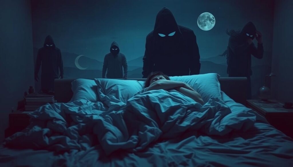 A dimly lit bedroom scene with a person tossing and turning in bed, surrounded by visual metaphors for sleep disorders. In the foreground, tangled bedsheets and a distressed-looking pillow convey restlessness. In the middle ground, shadowy figures representing insomnia, sleep apnea, and nightmares loom over the bed. The background features a hazy, dreamlike landscape with moon and stars, suggesting the natural cycles of sleep disrupted. Soft, cool lighting creates an unsettling, uneasy atmosphere. A sense of unease and discomfort permeates the scene, reflecting the challenges of achieving quality, restorative sleep.