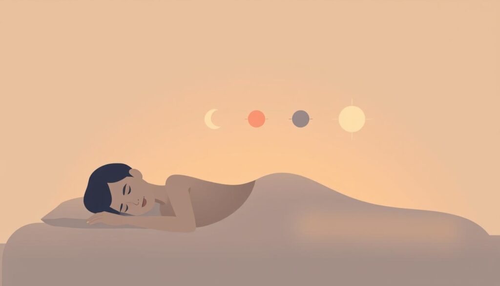 A serene, minimalist illustration showcasing the stages of the sleep cycle and the circadian rhythm. In the foreground, a stylized human figure rests peacefully, depicted in muted tones. The middle ground features a soft, gradient-based visualization of the different sleep stages, represented by subtle shifts in color and texture. In the background, a simplified, elegant representation of the 24-hour circadian rhythm, with a crescent moon and sun motifs denoting the day-night cycle. The overall composition is bathed in a warm, subdued lighting, evoking a sense of tranquility and introspection. The image conveys a clean, modern aesthetic, suitable for educational and informative purposes.
