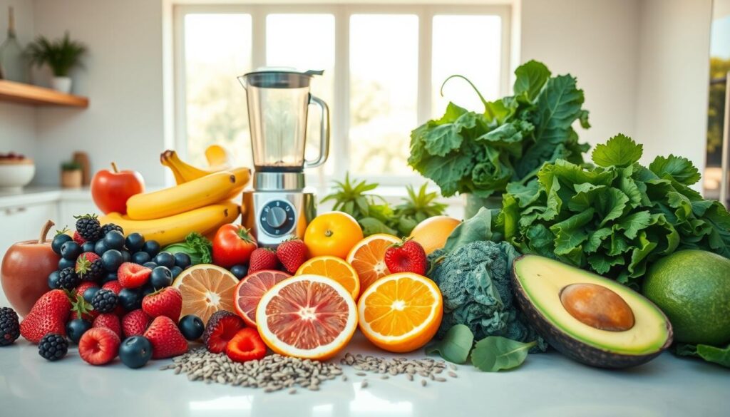 Vibrant array of nutrient-dense smoothie ingredients arranged on a sleek, modern kitchen countertop. In the foreground, a selection of fresh fruits such as ripe bananas, juicy berries, and vibrant citrus slices. Interspersed are leafy greens, including spinach and kale, as well as creamy avocado and a scattering of chia and flax seeds. In the middle ground, a high-powered blender stands ready, its gleaming chrome exterior catching the warm, natural lighting from large windows. The background is a minimalist, light-filled kitchen, with clean lines and a neutral color palette, creating a sense of balance and wholesome energy.