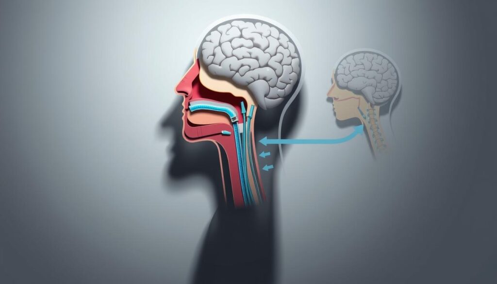 A detailed anatomical diagram showcasing the key components involved in sleep-breathing disorders. In the foreground, a cross-section of the head and neck area, highlighting the nasal passages, pharynx, larynx, and diaphragm. The middle ground depicts the airflow patterns during normal breathing and obstructed breathing, with arrows indicating the disrupted airflow in sleep apnea. In the background, a stylized representation of the brain and nervous system, emphasizing the connection between respiratory control and sleep regulation. The diagram is rendered in a neutral color palette with clear, technical illustrations, conveying a sense of medical authority and educational purpose. Subtle lighting from the side casts shadows that accentuate the three-dimensional structures, creating depth and visual interest.
