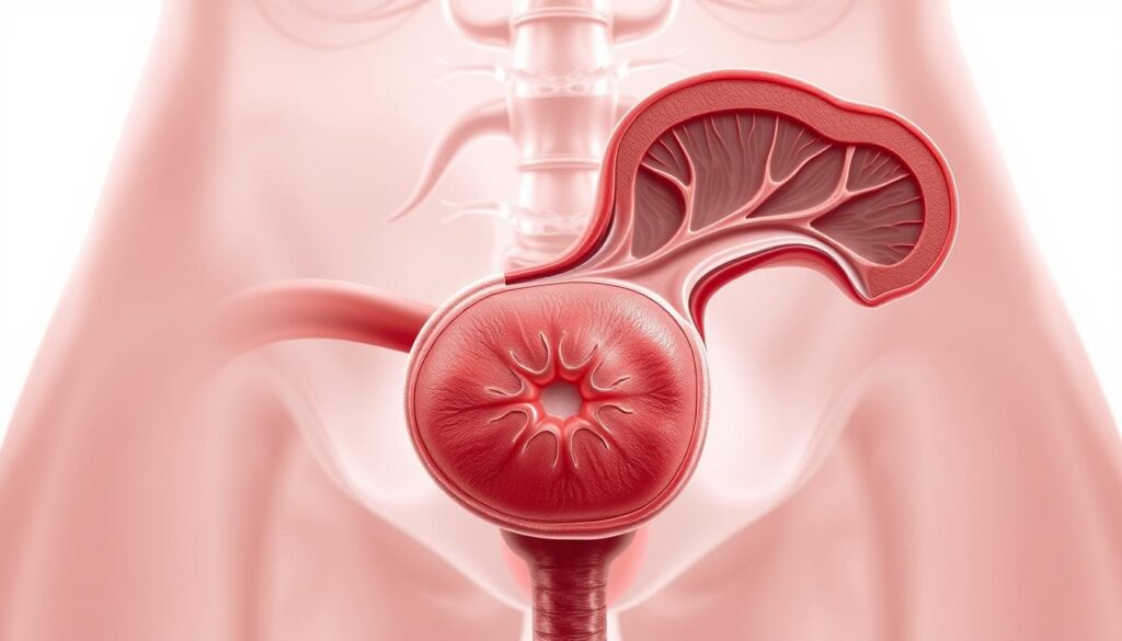 A detailed cross-sectional illustration of the human prostate gland in high-resolution medical accuracy. The prostate is shown in the foreground, rendered with precise anatomical detail, textures, and shading to convey its intricate structure. The middle ground includes the surrounding organs and tissues, such as the bladder, urethra, and seminal vesicles, to provide context. The background features a simple, clean, and minimalist medical illustration style with a neutral color palette, allowing the prostate gland to be the focal point. Bright, even lighting illuminates the scene, creating a sense of clarity and emphasis on the subject matter. The composition is balanced and symmetrical, highlighting the prostate's importance and centrality to the image.