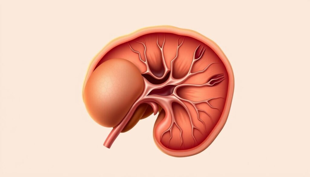A detailed, cross-sectional illustration of the male prostate gland, showcasing its complex anatomy and important functions. The image should depict the prostate's position within the pelvis, its size, shape, and internal structures, including the urethra, seminal vesicles, and ejaculatory ducts. Render the prostate in a warm, muted color palette, with subtle lighting from the side to accentuate the three-dimensional form. The background should be clean and minimal, allowing the prostate to be the central focus. The overall mood should be informative and anatomically precise, conveying the essential role of the prostate in the male reproductive system.