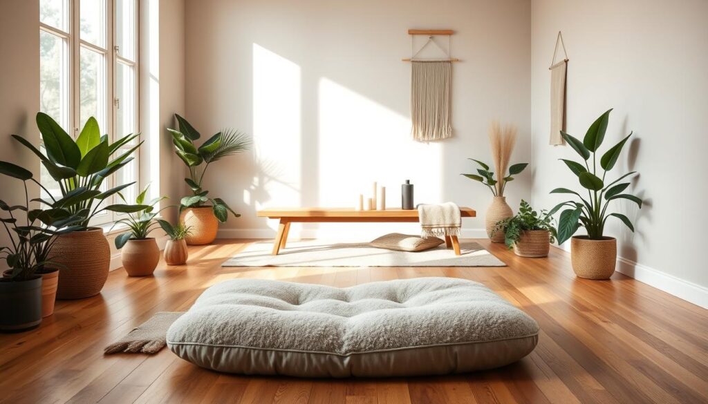A serene, minimalist wellness space with soft natural light filtering through large windows. The foreground features a plush, comfortable meditation cushion on a warm hardwood floor, surrounded by lush potted plants and a cozy throw blanket. The middle ground showcases a sleek, modern wooden bench or low table, adorned with a few carefully selected wellness items like candles, crystals, and a diffuser. The background depicts a calming, neutral-toned wall with a simple, abstract art piece or wall hanging, creating a peaceful, harmonious atmosphere. The overall mood is one of tranquility, balance, and personal rejuvenation.