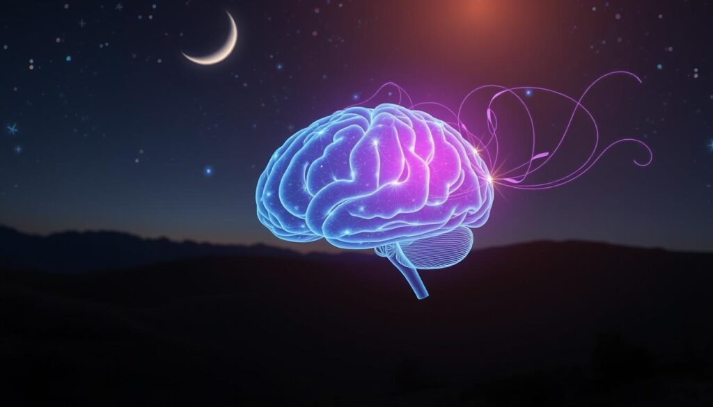 A serene night sky backdrop, with a crescent moon and twinkling stars illuminating a tranquil landscape. In the foreground, a semi-transparent, anatomical illustration of the human brain, pulsing with shimmering blue and purple hues, representing the release of sleep hormones like melatonin and serotonin. Surrounding the brain, wispy, ethereal wisps of energy flow, symbolizing the connection between sleep and weight regulation. The image is captured with a soft, warm lighting, creating a calming, contemplative atmosphere, inviting the viewer to explore the intricate relationship between sleep, hormones, and weight loss.