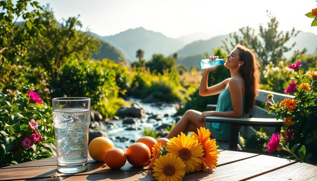 A serene, sunlit garden with lush greenery and a crystalline stream flowing through the center. In the foreground, a glass of sparkling water rests on a wooden table, surrounded by fresh fruits and vibrant flowers. The middle ground showcases a woman relaxing on a bench, her face radiant as she sips from her water bottle. In the background, mountains rise majestically, their peaks bathed in golden light. Soft, diffused lighting casts a warm, inviting glow over the entire scene, conveying the tranquility and rejuvenation that comes from daily hydration.