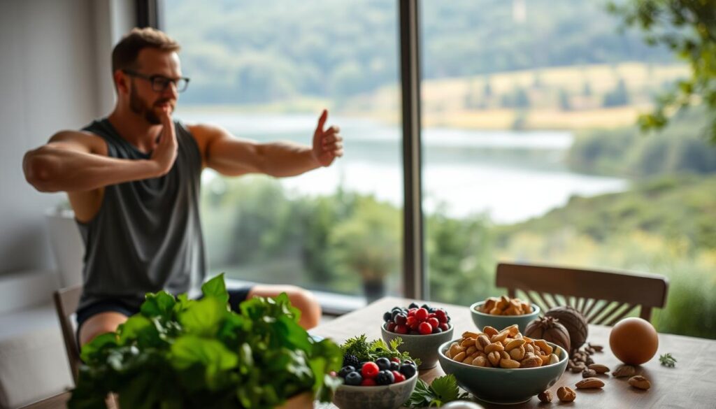 A serene, well-lit scene of a man engaging in healthy lifestyle activities to promote prostate wellness. In the foreground, the man is shown doing light exercises, such as gentle stretching or yoga poses. The middle ground features a table with healthy foods like leafy greens, berries, and nuts, representing a balanced diet. In the background, a calming natural landscape with lush greenery and a tranquil body of water, conveying a sense of relaxation and rejuvenation. The overall atmosphere is one of mindfulness, self-care, and preventative measures for optimal prostate health.