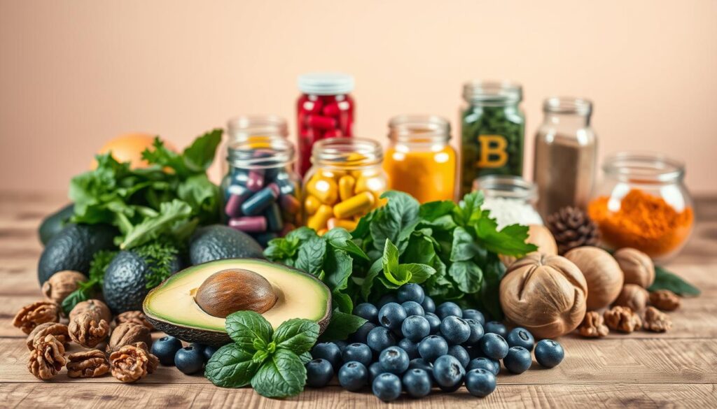 A serene, well-lit still life arrangement showcasing an assortment of brain-boosting nutrients. In the foreground, a variety of fresh fruits and vegetables - blueberries, avocados, leafy greens, and walnuts - arranged artfully on a wooden table. In the middle ground, glass jars filled with colorful supplements such as omega-3 capsules, B-complex vitamins, and antioxidant-rich powders. Subtle, warm lighting from above casts a soft glow, highlighting the vibrant colors and textures of the natural ingredients. The overall scene conveys a sense of balance, nourishment, and cognitive vitality, perfectly capturing the essence of "Essential Nutrients for Cognitive Performance".