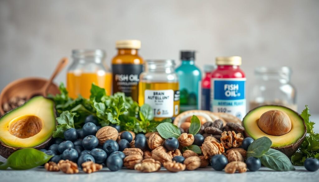 A still life arrangement of brain-boosting nutrients, captured in soft, natural lighting. In the foreground, a variety of fresh, colorful superfoods like blueberries, walnuts, avocado, and leafy greens. In the middle ground, glass jars filled with supplements like fish oil, B-complex vitamins, and antioxidants. The background features a neutral, slightly blurred backdrop, emphasizing the focus on the cognitive health-promoting ingredients. The composition conveys a sense of balance, health, and mental vitality.