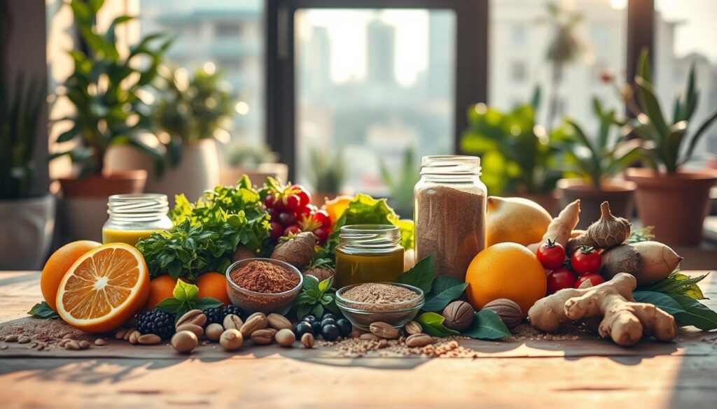 A vibrant still life composition showcasing an array of natural metabolism boosting ingredients. In the foreground, a collection of whole foods - citrus fruits, leafy greens, nuts, and berries - arranged artfully on a rustic wooden surface, illuminated by warm, diffused lighting. In the middle ground, glass jars filled with powdered supplements like green tea extract, cayenne pepper, and ginger, casting long shadows. The background features a blurred urban garden, with potted plants and a hint of city skyline visible through a large window. The overall mood is one of health, vitality, and natural wellness.