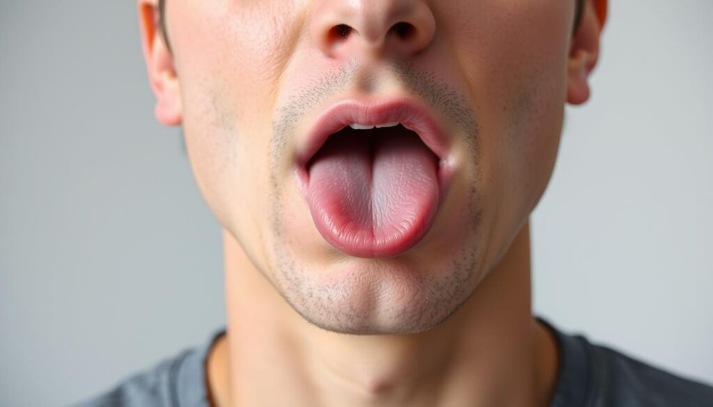 A well-lit, close-up photograph of a person's face and upper body, demonstrating various breathing techniques to help reduce snoring and sleep apnea. The subject's mouth should be slightly open, with their tongue gently pressed against the roof of their mouth. The nose should be clearly visible, as some techniques focus on nostril breathing. The lighting should be soft and diffused, creating a soothing, relaxed atmosphere. The background should be clean and simple, without distracting elements, allowing the focus to remain on the subject and their breathing.