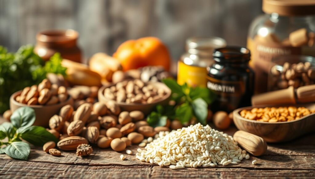 A well-lit, close-up photograph of a variety of natural testosterone-boosting ingredients, such as nuts, seeds, vegetables, and supplements, artfully arranged on a rustic wooden surface. The foreground features the main ingredients in sharp focus, while the background is softly blurred, creating a sense of depth and emphasizing the natural, organic elements. The lighting is warm and natural, casting gentle shadows that add depth and dimension to the composition. The overall mood is one of wellness, vitality, and a celebration of the power of natural solutions for supporting healthy testosterone production.