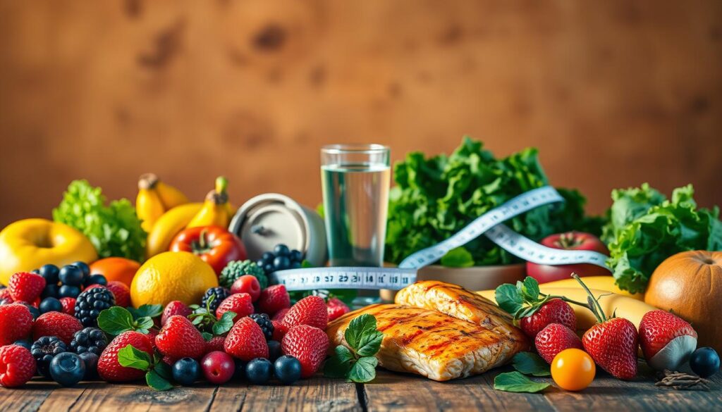An appetizing arrangement of fresh, vibrant produce and whole foods on a rustic wooden table, illuminated by warm, natural lighting. In the foreground, a variety of colorful fruits and vegetables, such as berries, leafy greens, and lean protein sources like grilled chicken or salmon, are thoughtfully displayed. In the middle ground, a glass of clear, refreshing water and a measuring tape symbolize the balance of healthy hydration and mindful portion control. The background features a minimalist, earthy backdrop, evoking a sense of simplicity and wellness. The overall scene conveys a message of nourishing, sustainable weight loss strategies through the lens of wholesome, nutrient-dense foods.