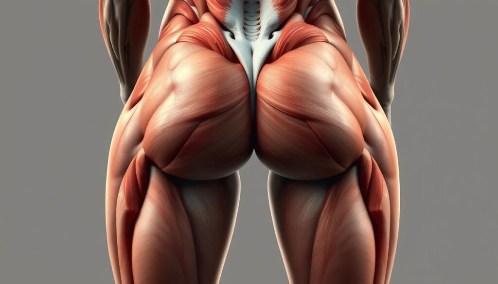Detailed anatomical illustration of the gluteal muscles, showcasing their intricate structure and functionality. Rendered in a realistic, scientific style with a neutral color palette and precise attention to muscular form and topology. Rendered from a mid-range, three-quarter angle to provide a comprehensive view, with subtle ambient lighting that accentuates the complex interplay of muscle groups. The image should convey a sense of technical depth and anatomical understanding, serving as an educational reference for those seeking to develop a stronger, more defined posterior.