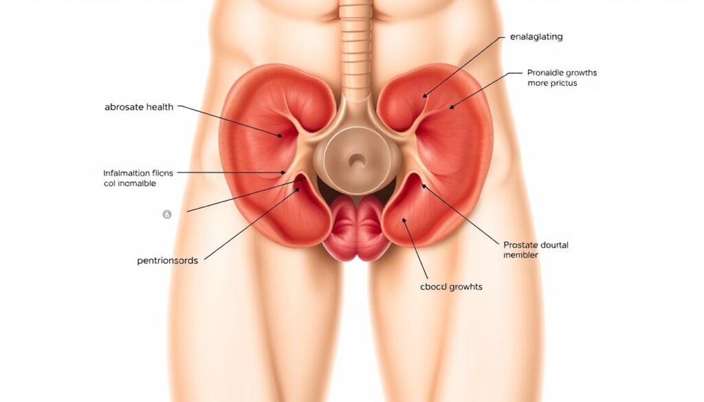 Detailed anatomical illustration of the male pelvic region, highlighting the prostate gland and surrounding structures. Crisp, high-resolution medical diagram showcasing key warning signs of prostate health issues, such as enlargement, inflammation, or abnormal growths. Clean, white background with neutral lighting to emphasize the technical, educational nature of the image. Precise, technical rendering with clear labeling of relevant anatomical features. Conveys a sense of clinical importance and the need for men to be vigilant about prostate health.