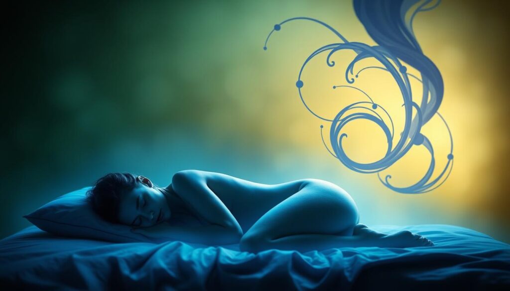 Dramatic circadian rhythm sleep cycle, depicting the natural ebb and flow of the body's internal 24-hour clock. Foreground shows a sleeping figure, curled in a fetal position, enveloped in a soft blue glow. Muted green and gold tones in the middle ground suggest the waxing and waning of daylight. Backdrop features abstract, swirling shapes in shades of indigo and violet, representing the neural activity and hormonal fluctuations that govern the sleep-wake cycle. Diffused, atmospheric lighting casts a soothing, dreamlike ambiance. Crisp, realistic rendering with a cinematic, painterly quality.
