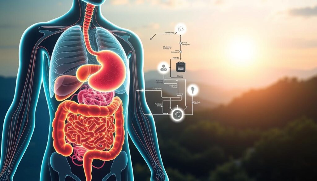 Metabolism and Weight Loss Connection: A detailed anatomical illustration showcasing the intricate relationship between metabolism and weight loss. In the foreground, a vibrant cross-section of the human digestive system, highlighting the key metabolic processes involved in nutrient absorption and energy production. In the middle ground, a stylized representation of the body's metabolic pathways, with arrows and glowing nodes indicating the complex interplay between hormones, enzymes, and cellular mechanisms. In the background, a softly lit, ethereal landscape representing the holistic nature of weight management, emphasizing the importance of a balanced, healthy lifestyle. Rendered in a clean, scientific style with a subtle color palette, this image aims to educate and inspire viewers on the vital role of metabolism in achieving sustainable weight loss.