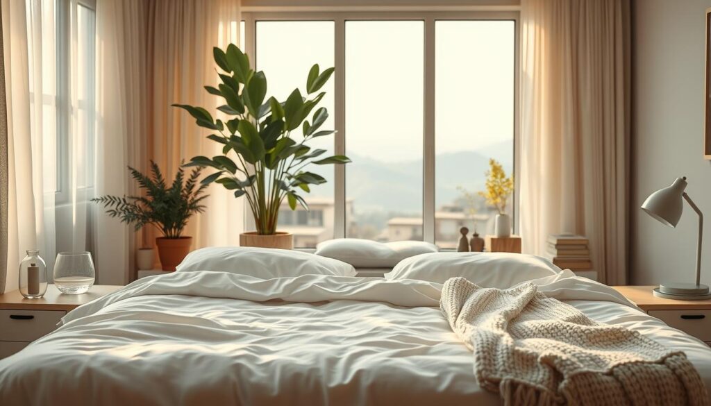 Peaceful bedroom scene, filled with natural elements and soothing tones. In the foreground, a plush queen-sized bed with crisp white linens and a cozy knitted blanket. Bedside tables with an aroma diffuser and a glass of water. Warm, soft lighting illuminates the space through sheer curtains, casting a gentle glow. In the middle ground, a large potted plant, a meditation cushion, and a stack of calming books. The background features a large window overlooking a serene outdoor landscape, with mountains or hills in the distance. The overall atmosphere conveys a sense of tranquility and relaxation, inviting the viewer to unwind and get a good night's sleep.