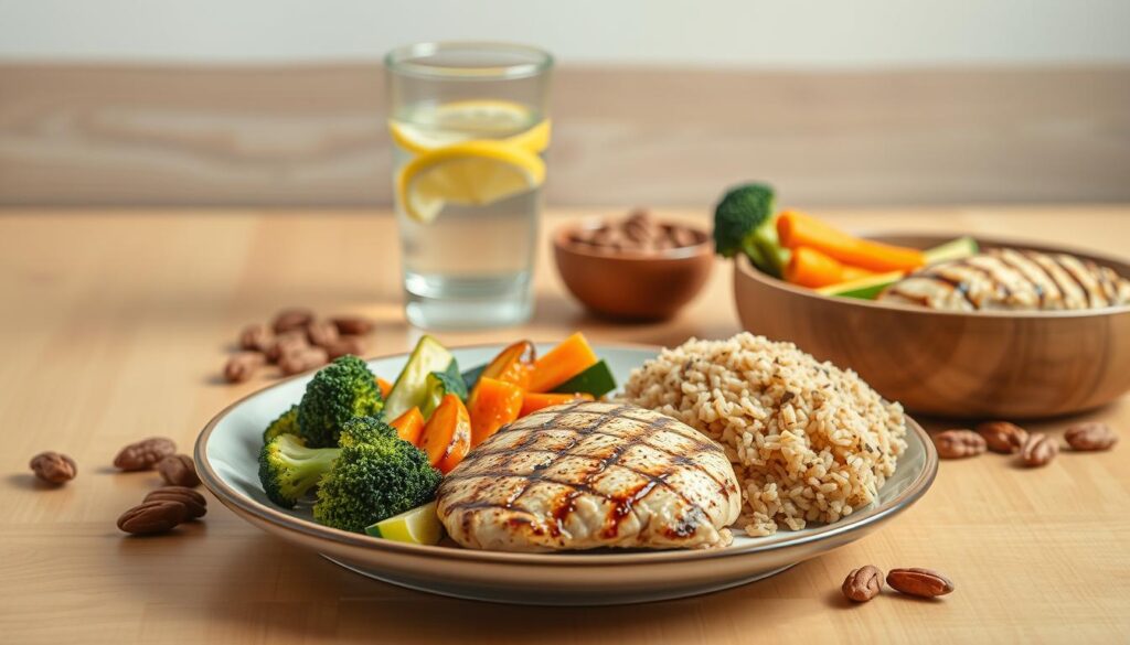 A beautifully lit still life photograph of a balanced meal for blood sugar management. In the foreground, a plate with a grilled chicken breast, a side of roasted vegetables (broccoli, carrots, and zucchini), and a small portion of brown rice. In the middle ground, a glass of water with lemon slices, and a handful of mixed nuts. The background features a natural wooden table with a clean, minimalist setting. The lighting is soft and warm, creating a calming, appetizing atmosphere. The composition is well-balanced, highlighting the healthy, nutrient-dense ingredients that can help maintain healthy blood sugar levels.