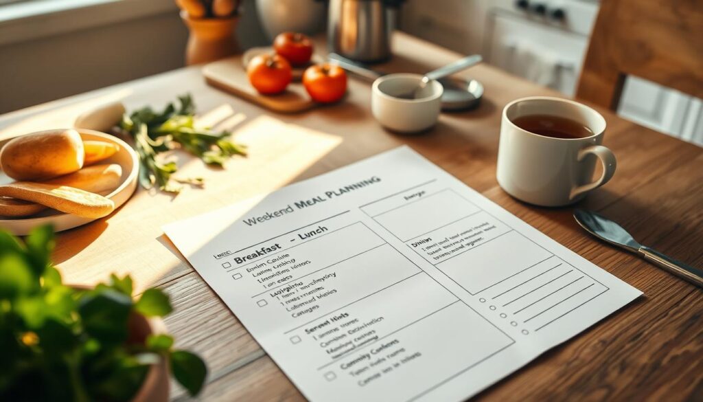 A cozy, well-lit kitchen table with a weekend meal planning guide laid out, surrounded by fresh ingredients, kitchen utensils, and a mug of steaming tea. The guide features neatly organized sections for breakfast, lunch, and dinner options, with handwritten notes and checkboxes. Soft, natural lighting illuminates the scene, creating a warm and inviting atmosphere. The composition emphasizes the thoughtfulness and planning involved in crafting a balanced, healthy weekend meal strategy.