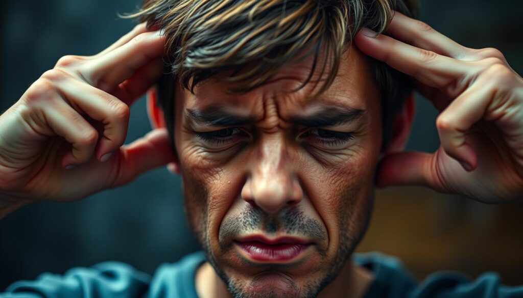 A detailed, realistic close-up view of the physiological symptoms of elevated cortisol levels, the primary stress hormone. In the foreground, depict physical manifestations such as flushed skin, bags under the eyes, tense facial expression, and tight neck muscles. In the middle ground, show a person's hands gripping the sides of their head, conveying mental and emotional stress. In the background, create a blurred, dimly lit setting to evoke a sense of anxiety and overwhelm. Employ a shallow depth of field, natural lighting, and a macro lens to capture the intricate textures and expressions. The overall atmosphere should convey the tangible bodily impact of chronic stress and the need to recognize these symptoms.