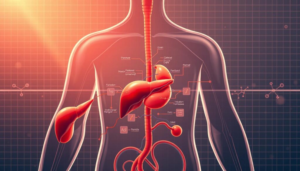 A highly detailed and anatomically accurate diagram of the human blood sugar metabolism system, rendered in a clean, scientific style. The foreground depicts the key biological components involved in the regulation of blood glucose levels, including the pancreas, liver, and insulin receptors. The middle ground showcases the complex biochemical pathways and feedback loops that maintain homeostasis. The background features a minimalist backdrop of gridlines and faint molecular structures, creating a sense of technical precision. Warm, natural lighting illuminates the scene, highlighting the intricate details. The overall mood is one of educational clarity, designed to effectively illustrate the topic of "Understanding Blood Sugar and Its Impact on Health".