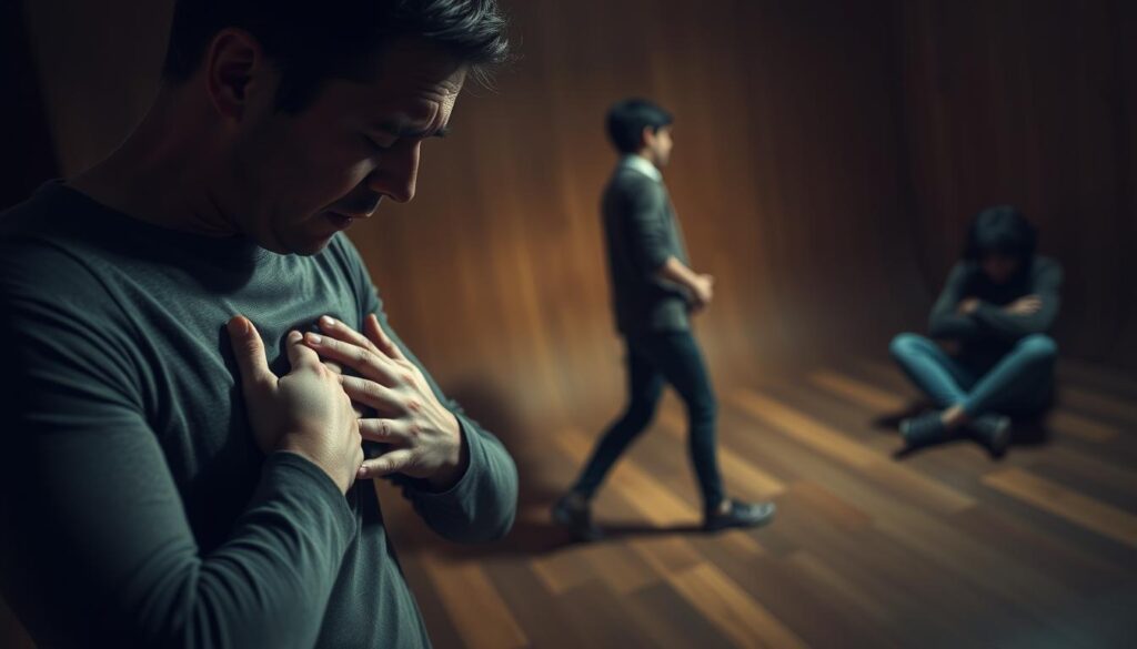A panoramic scene depicting the physical manifestations of anxiety. In the foreground, a figure clutches their chest, face twisted in distress, trembling hands and shallow breathing conveying the tightness and constriction of anxiety. In the middle ground, another figure paces back and forth, brow furrowed, fidgeting nervously. In the background, a third figure sits curled up, knees drawn to their chest, arms wrapped around themselves, conveying the sense of unease and withdrawal. The scene is bathed in a warm, diffused lighting, creating an atmosphere of unease and tension. The camera angle is slightly tilted, adding to the sense of disorientation.