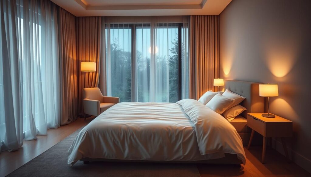 A serene, minimalist bedroom with soft, warm lighting and muted colors. A large, plush bed with crisp, high-thread-count sheets and a cozy duvet. Sheer, flowing curtains framing a tranquil view of a moonlit garden. A pair of nightstands with simple, functional lamps. In the corner, a comfortable armchair and a small side table, creating a peaceful reading nook. The atmosphere is calming and conducive to deep, restful sleep, with attention to every detail for maximum comfort and relaxation.