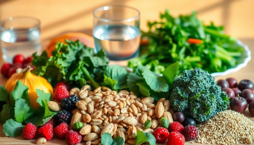 A vibrant still life scene showcasing a range of healthy foods beneficial for managing ovarian cyst pain. In the foreground, an array of fresh produce including leafy greens, berries, nuts, and whole grains. Behind, a glass of water and a plate of steamed vegetables. Warm, natural lighting illuminates the scene, casting soft shadows. The composition is balanced and visually appealing, conveying a sense of nourishment and well-being. The overall mood is one of simplicity, vitality, and a holistic approach to women's health.