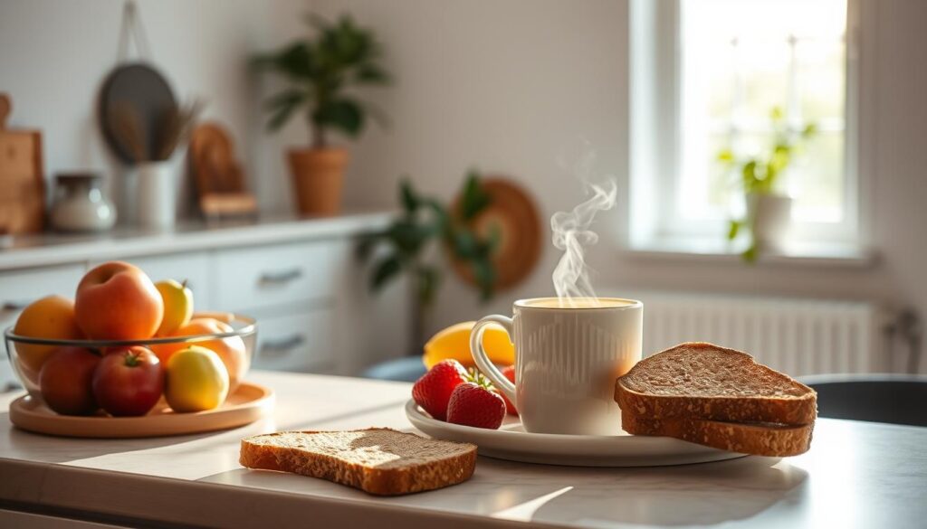 Weekend Eating Psychology Insights A serene kitchen counter, bathed in soft, natural light. Atop it, an array of weekend breakfast foods - fresh fruits, whole grain toast, a steaming mug of herbal tea. In the background, a minimalist, airy living space with plants and natural textures, conveying a sense of tranquility and mindfulness. The overall scene evokes a calm, reflective atmosphere, inviting the viewer to consider the psychological aspects of mindful eating during the weekend. The composition is balanced, with the food items taking center stage, while the environment sets the tone for a healthy, grounded approach to weekend indulgence.