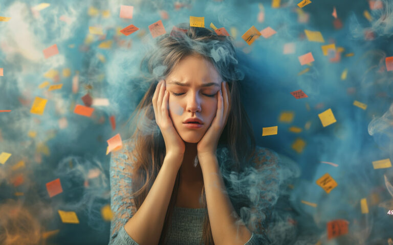 Woman struggles with tasks feeling overwhelmed